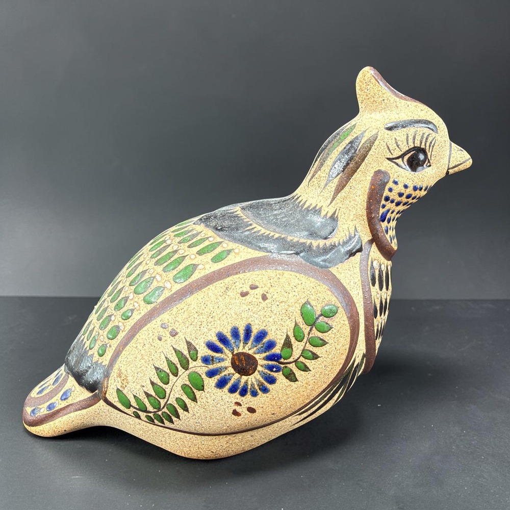 Tonala Pottery Bird Figurine Hand Painted Mexican Folk Art E Coral Signed 6in
